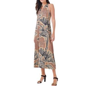 NIC+ZOE Halter Midi Dress Dotty Palms Satin Tropical Print Brown Black Large NWT